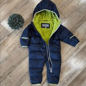 Michael Kors Navy One-Piece 6-12 month Puffer Footie with Lime Trim